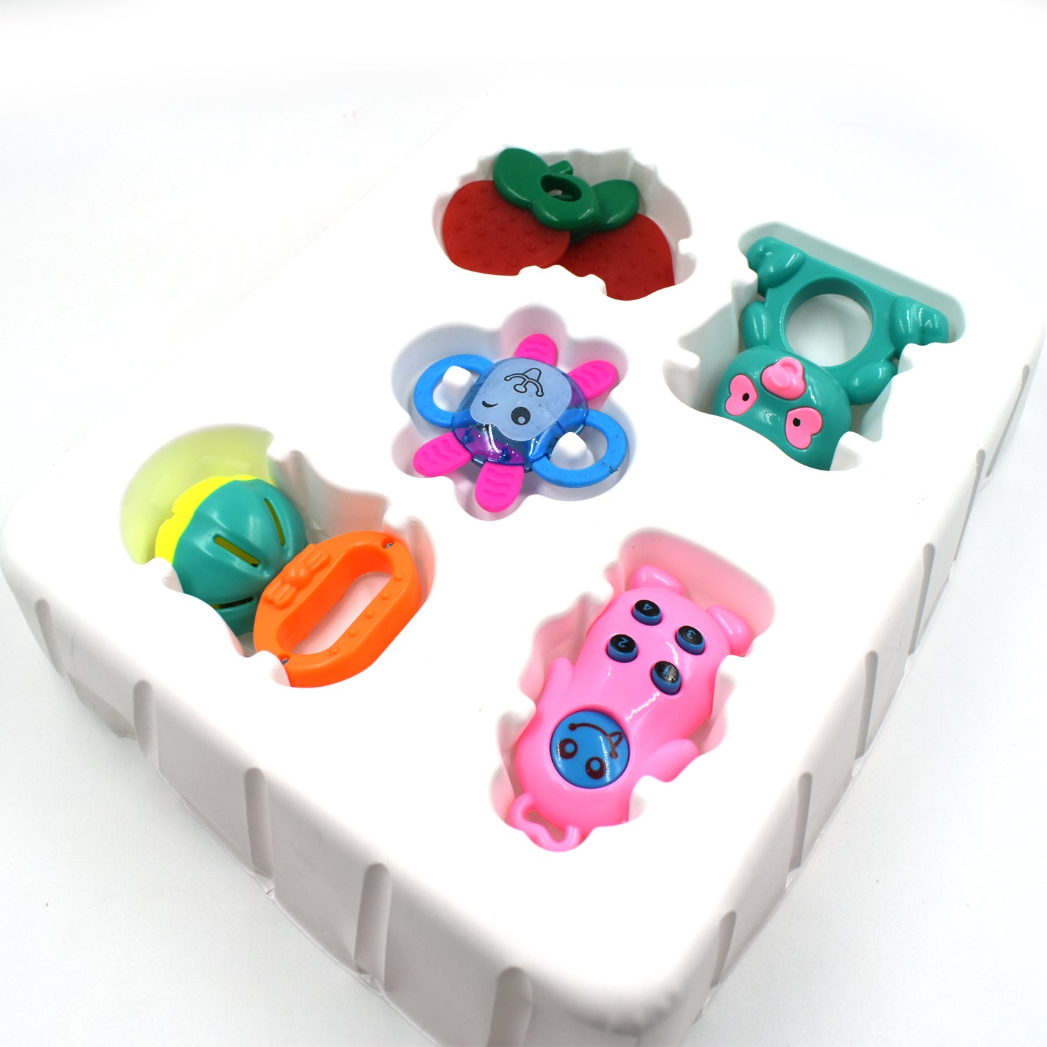 Baby toy rattle with multiple vibrant colors and patterns for visual and tactile stimulation. Baby toy rattle with multiple vibrant colors and patterns for visual and tactile stimulation.